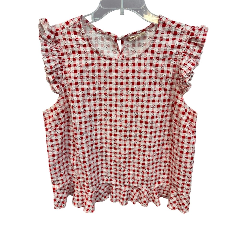 Red & White Gingham Ruffle Sleeve Women's Top